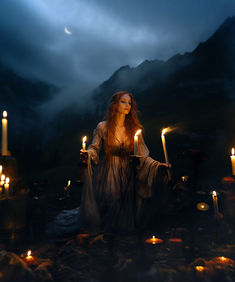 a woman with long hair holding candles in her hands and sitting on the ground next to mountains