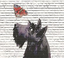 a dog looking up at a butterfly flying over it's head in front of a brick wall