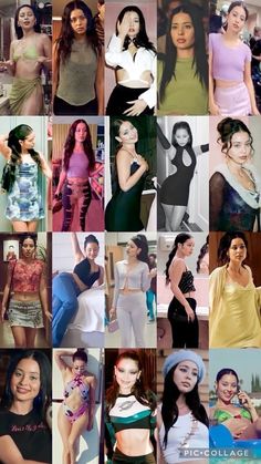 many different pictures of women in various outfits and hair styles, all wearing bras