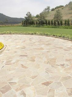 a circular stone patio with yellow flowers in the center and green hills in the background