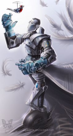 a robot is holding something in one hand and an object in the other with wings