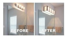 before and after shot of a bathroom mirror with light bulbs on the wall above it