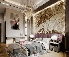 a bedroom with a bed, chandelier and paintings on the wall