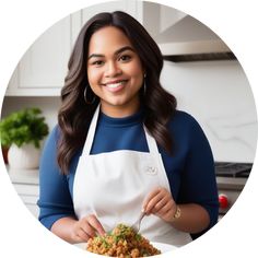 a woman in an apron is holding a plate with food on it and smiling at the camera