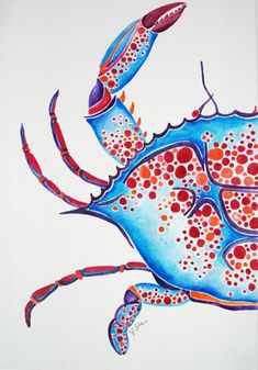 a drawing of a blue crab with red spots