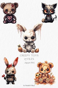 creepy toys and stuffed animals are featured in this digital clip art set by scruffy shop