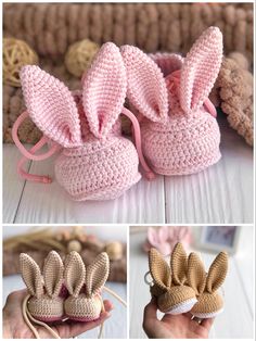 crocheted bunny booties are shown in three different pictures, one is pink and the other is beige