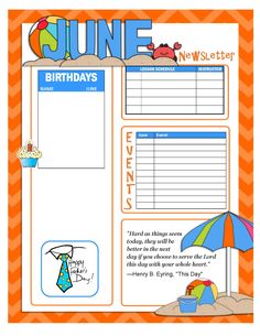 an orange and white birthday card with the words june on it, next to a beach umbrella