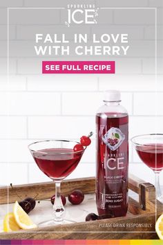 a bottle of ice fall in love with cherry see full recipe and two glasses filled with cherries