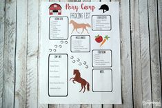 a horse and farm animals activity sheet on a wooden background with the words pony camp