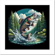 a painting of a fish jumping out of the water with trees and clouds in the background