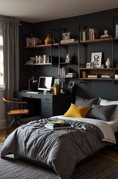 a bedroom with black walls, shelves and a bed in the middle that has a gray comforter on it