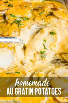 an image of homemade au gratin potatoes in a casserole dish with text overlay