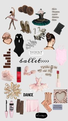 a collage of ballet related items including shoes, bras and dresses