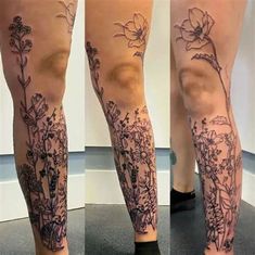 the legs are covered with tattoos and flowers on them, as if they were from different angles