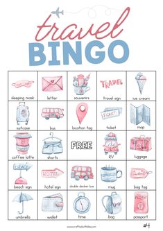 a travel bingo game with different items on it