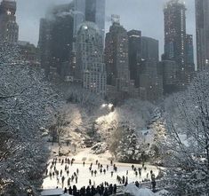 people skating on an ice rink in the middle of a large city with tall buildings