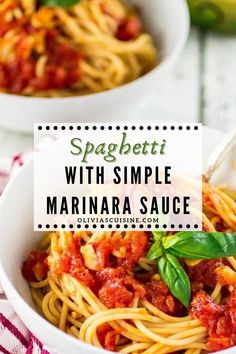 spaghetti with simple marina sauce in two white bowls