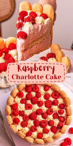 raspberry charlotte cake with fresh raspberries on top and the rest of the cake in the background