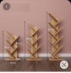 three wooden bookshelves are shown with measurements for each shelf in the same room