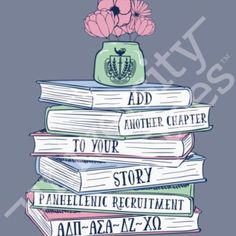 a stack of books with flowers on top and the words add another charter to your story