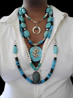 #turquoisejewelry #turquoisenecklace Pearl Layered Necklace, Native Dress, Antique Turquoise, Antique Silverware, Silverware Jewelry, Multi Layer Necklace, Homemade Jewelry, Layered Necklace, How To Look Classy