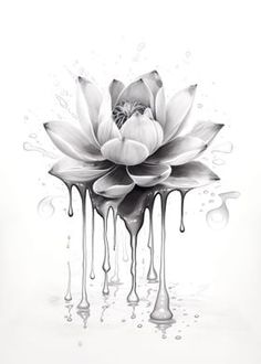 a black and white drawing of a flower with drops of water on the petals in front of it