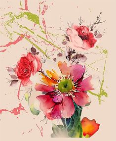 a bouquet of flowers on a white background with pink and red paint splatters