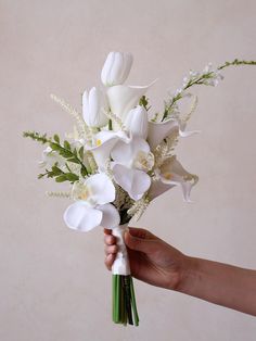 a hand holding a bouquet of white flowers