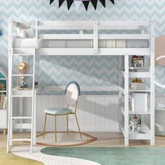 a white bunk bed sitting next to a desk and bookshelf in a child's room