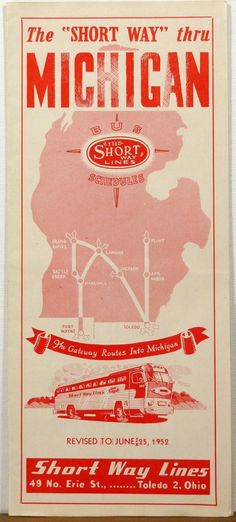 an advertisement for the short way thru michigan in red and white on a beige background