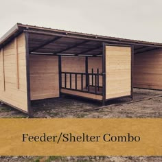 two sheds with the words feederer / shelter combo written in black on top and bottom