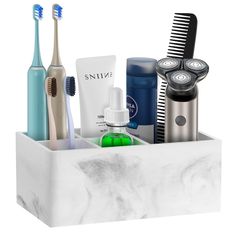 PRICES MAY VARY. Electric Toothbrush holder size:7.8*3.8*3inch, 4 slots: 1.96*1.65inch, 1 large slot: 3.46*2.95inch. Note: As each product is hand-made and polished, the size will have a 0.3inch error. Family Toothbrush Holders: The marble toothbrush holder is divided into 4 small compartments + 1 large compartment, which allows you to place different toothbrushes, toothpaste, razors and other bathroom accessories separately on your bathroom countertop, which is very hygienic and keeps your coun Bathroom Toothbrush Organization, Marble Bathroom Vanity, Bathroom Vanity Organization, Vanity Organizer, Toothbrush Organization, Shaving Supplies, Electric Toothbrush Holder, Toothbrush And Toothpaste Holder, Toothbrush Holders