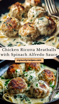 chicken ricotta meatballs with spinach alfredo sauce