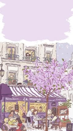 an illustration of people sitting at tables in front of a building with purple flowers on it