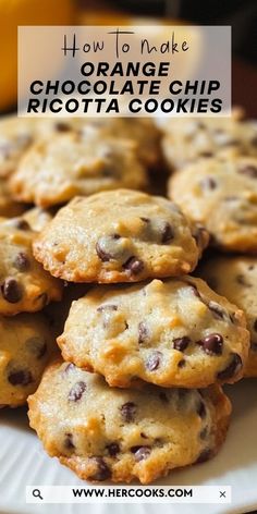 orange chocolate chip ricotta cookies on a white plate