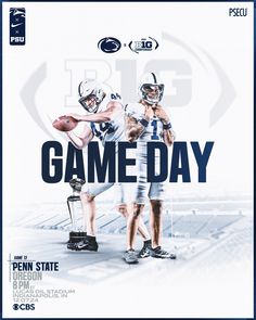 an advertisement for the penn state football team, featuring two men in uniforms with helmets on