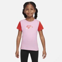 Kiddos can make moves in this soft tee, made of cotton/poly jersey in a classic cut with a tagless crewneck for a comfy feel. Basic Pink Tops With Screen Print, Basic Pink Tops With Graphic Print, Pink Sporty Crew Neck Tops, Playful Pink Tops With Screen Print, Basic Pink Top With Screen Print, Playful Sports Tops With Letter Print, Playful Crew Neck Sports Top, Playful Crew Neck T-shirt For School, Pink Short Sleeve Tops For School