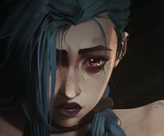 a close up of a person with blue hair and red eyes looking at the camera