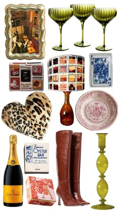 an assortment of items including boots, plates and wine glasses