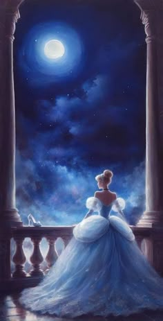 a painting of a woman in a blue dress sitting on a balcony looking at the moon