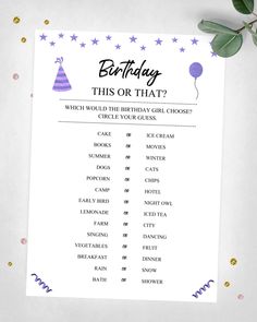 This easy and fun "Birthday This Or That?" game, is great for friends, and family that want to host a fabulous and memorable teen, youth, adult or tween birthday party. This teen or tween birthday game makes a great keepsake for the teen/tween and could be turned into a book. These easy printable games are easy for all age groups. Older and younger generations can enjoy them! This listing is for an instant digital DOWNLOAD. No physical product will be sent. This game is non-editable. WHAT IS INC Bday Games, Lavender Party, Girls Birthday Games, This Or That Game, Birthday Plans, 12 Birthday, Birthday 4, Pastel Party, 4 Elements