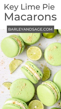 key lime pie macarons on a white surface with limes around them and text overlay that reads key lime pie macarons