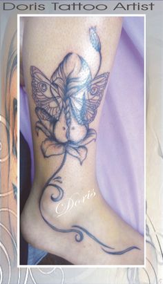 a woman's foot with a tattoo on it and the words doris tattoo artist