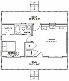 the floor plan for a small cabin with two bedroom and living room, including an attached bathroom