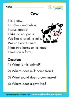 a printable worksheet for children to learn how to read the words cow