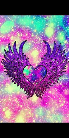 an artistic heart with wings in the middle of purple and blue galaxy background, surrounded by stars