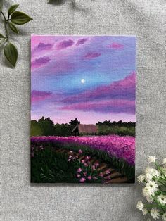 a painting of a field with flowers in the foreground and a full moon in the background