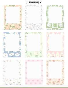 six square frames with flowers and leaves in pastel colors, all lined up on one side