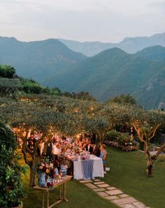 a group of people sitting at a table in the middle of a field with mountains in the background